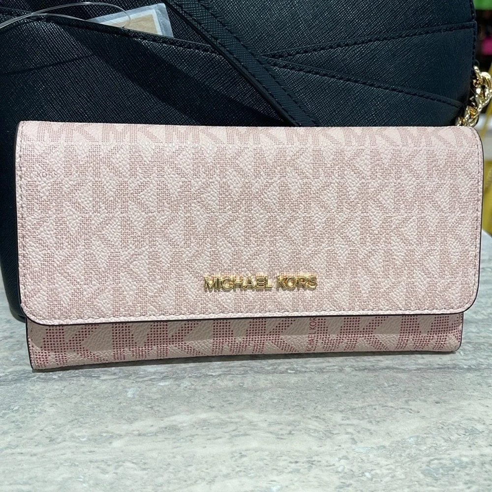 Michael Kors Jet Set Large Logo Trifold Wallet Powder Blush Multi NWT